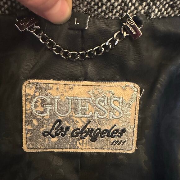 Guess Wool Blend Pea Coat Military Black and White Pleated Knee Length Large - Picture 3 of 16